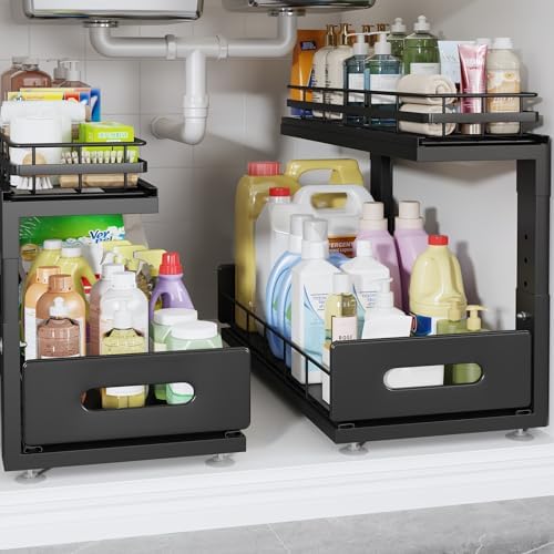 Under Sink Organizer Upgrade To Professional Rails,2-Tier Dual Pull Out Cabinet Storage,Height Adjustable Slide Out Drawers For Bathroom Kitchen,2 Pack-18.5"Dx12.8"-16.9"H,Black