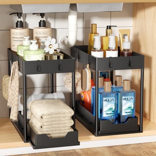 Ekisemio 2 Pack 2-Tier Under Sink Organizers with Sliding Drawer, Black