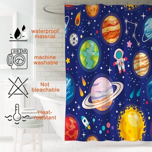 4 Pcs Kids Bathroom Set Cartoon Outer Space Shower Curtain Sets with Non-Slip Rugs Toilet Lid Cover and Bath Mat Set, Kids Boy Bathroom Decor with 12 Hooks