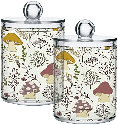 2 Pack Mushroom Qtip Holder Dispenser with Lid 14 oz Clear Plastic Apothecary Jar Set for Bathroom Vanity Organizers Storage Containers