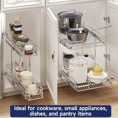2-Tier Pull Out Cabinet Organizer, 10.5" W x 18" D, Heavy Duty Dual Slide Out Shelves for Narrow Base Cabinets, Chrome Wire Basket Drawer for Spices, Bottles & Snacks