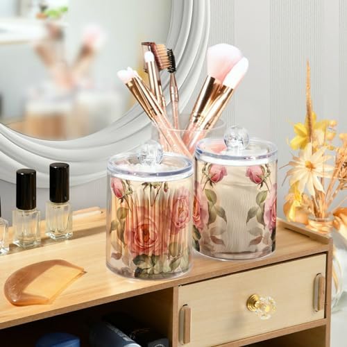 MNSRUU 4 Pack Qtip Holder Organizer Dispenser Floral Rose Pink Bathroom Storage Canister Cotton Ball Holder Bathroom Containers for Cotton Swabs/Pads/Floss