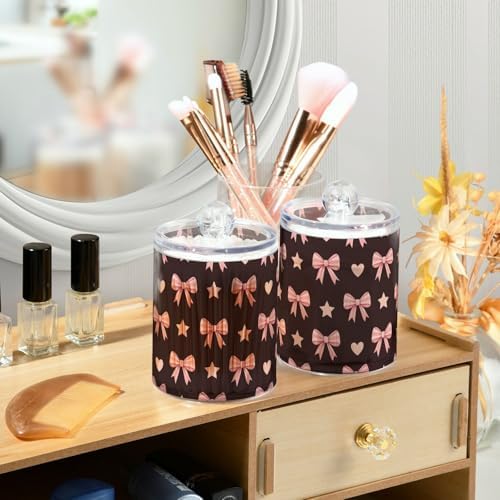 Gredecor 4 Pack Qtip Holder Clear Pink Bows and Stars Fashion Apothecary Jars with Lids Acrylic Bathroom Jars Vanity Countertop Canister Storage Organizer for Cotton Ball,Swabs,Pads,Floss