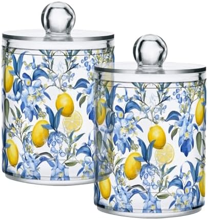 Sicilian Style Lemons and Blue Flowers Clear Plastic Jars Set of 2, Apothecary Jars with Lids Bathroom Canister for Cotton Ball, Swab, Floss, Makeup Sponges, Hair Clip 10 Oz