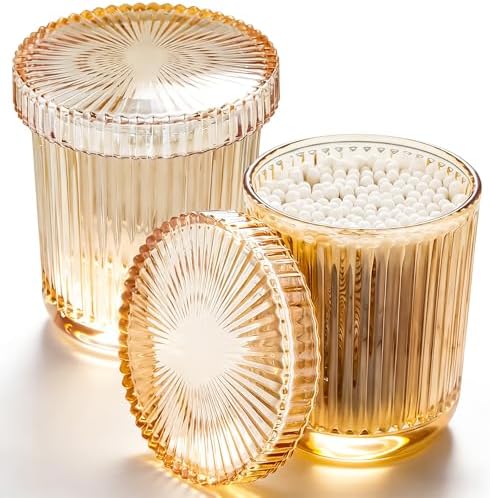 Glass Qtip Dispenser 2 Pack, Clear Bathroom Storage Organizer for Cotton Swabs, Balls, Pads & Floss Picks, Vanity Makeup Essential Accessories (Amber)