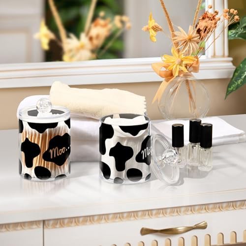 Cow Print Red Heart 4 Pack Plastic Qtips Holder Bathroom Organizer Canisters for Cotton Balls/Swabs/Pads/Floss,Plastic Apothecary Jars for Vanity