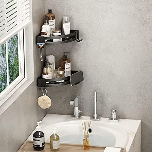VOLPONE Corner Shower Caddy with Razor Holder Adhesive Shower Shelf Corner No Drilling Bathroom Corner Shower Organizer Storage Rack (2-Pack, Black)