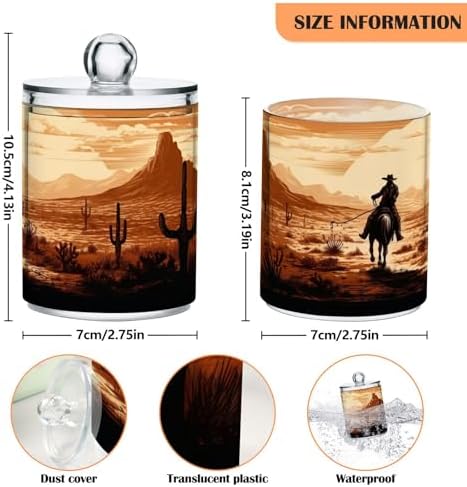 2 Pack Apothecary Jars Bathroom Vintage Western Cowboy Qtip Holder Dispenser Clear Plastic Storage Canister Jar with Lid for Cotton Ball, Cotton Swab