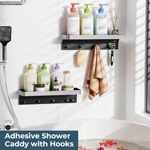 2 Pack Shower Caddy Adhesive with 5 Hooks & Drainage, No-Drill, Silver