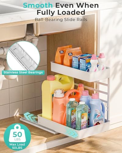 EVERIE Metal Pull Out Slide Shelf Organizer for Framed or Frameless Under Sink CabinetsOrganization in Kitchen, Bathroom, Counter, Cabinets (White, 1 Set)