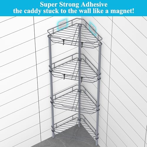 HuggieGems Metal Floor Standing Corner Shower Caddy, Dark Gray, 4 Tier