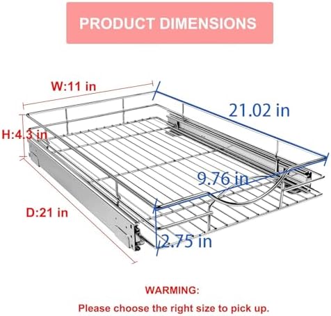 Sikarou Pull Out Cabinet Organizer 11" W x 21" D, Heavy Duty Kitchen Cabinet Pull Out Shelves, Slide Out Wire Basket for Kitchen Cabinets, Bathroom, Pantry, Chrome Finish