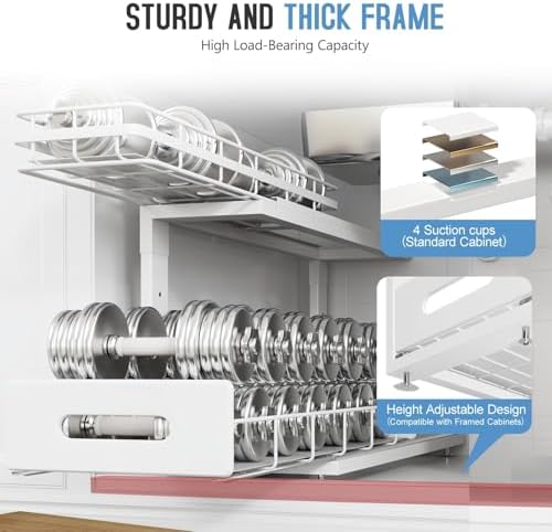 Under Sink Organizer Upgrade To Professional Rails,2-Tier Dual Pull Out Cabinet Storage,Height Adjustable Slide Out Drawers For Bathroom Kitchen,2 Pack-21"Dx12.8"-16.9"H,White