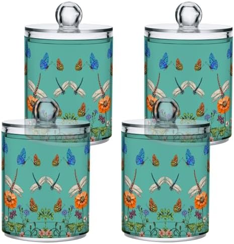 MNSRUU 4 Pack Qtip Holder Dispenser Colorful Dragonfly Bathroom Storage Canister Cotton Ball Holder Bathroom Containers for Cotton Swabs/Pads/Floss