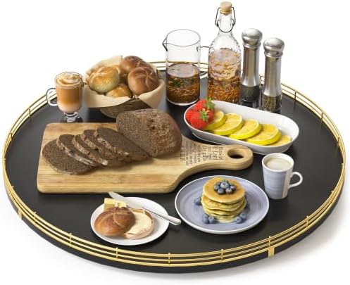 Oroyutor 18" Oak Wooden Lazy Susan Turntable for Dining Table, Large Round Lazy Susans Organizer for Kitchen Countertop, Tabletop 360°Rotating Tray for Spice Organization Gold Black Home Decor