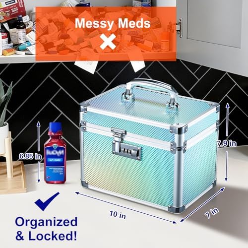 Lockable Medicine Storage Box - Turquoise Cabinet Med Lock Organizer, 10 x 7 x 7.9 Inches Safe Med Case with Lock for Home, Dorm, Office, or Travel