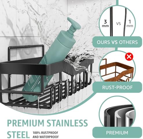Adhesive Shower Caddy 5 Pack – Rustproof Stainless Steel No-Drill Bathroom Organizer Shelves with Large Capacity, Waterproof Storage Racks for Shower, Kitchen, Dorm, Apartment, and Home