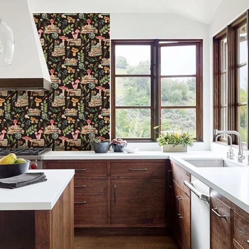 Adhesive Shelf Liner,Boho Floral Shelf Contact Paper for Cabinets,Vinyl Film Decorative Drawer Liners for Dresser Sticker (Black Boho Floral, 17.3 inch x 118 inch)