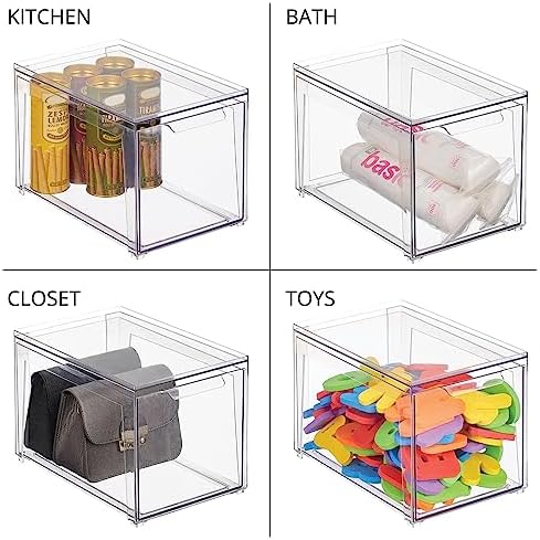 mDesign Plastic Stackable Bathroom Storage with Pull Out Bin Organizer Drawer for Cabinet, Vanity, Shelf, Cupboard, Cabinet, or Closet Organization - Lumiere Collection - Clear