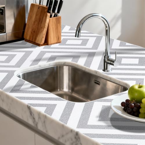 FIFTY FEET 18"x96" Non-Adhesive Shelf Liner for Kitchen Cabinets and Drawers, Washable Non-Slip PVC Cabinet Liner (Gray Plaid)(1 Roll)