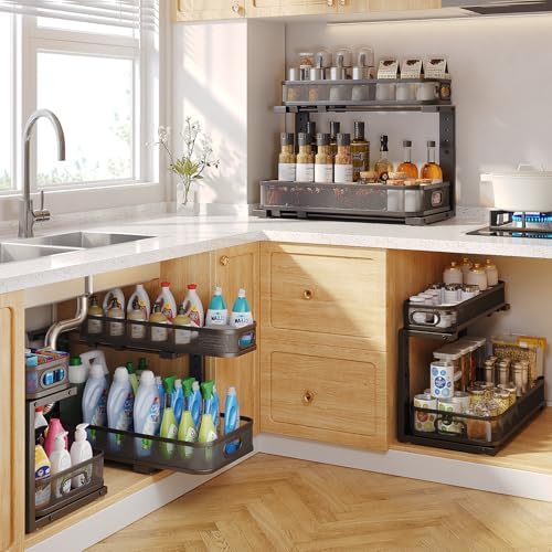 2 Pack 19.3IN-Depth Under Sink Organizer with Smooth Cylindrical Rail,2-Tier Pull Out Multi-Purpose Cabinet Storage for Bathroom&Kitchen,Height Adjustable,Rust-Resistant Coating-Black