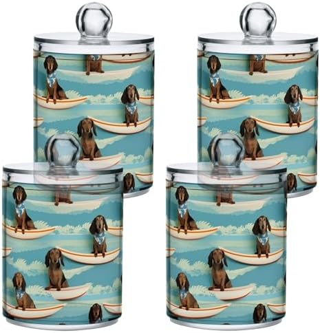 4 Pack Dachshunds on Surfboards Qtip Dispenser 10 Oz Clear Apothecary Plastic Jars Bathroom Canister for Cotton Pads, Cotton Ball, Cotton Swabs, Floss Picks