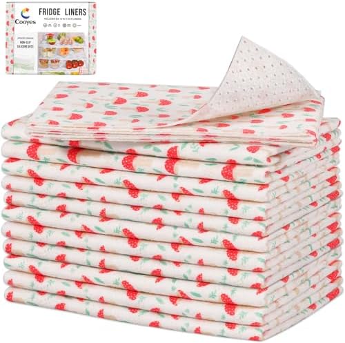 Cooyes 12 Pack Cloth Shelf Liners for Kitchen Cabinets, 17.7" × 36", Non-Slip Refrigerator Liners Machine Washable, Crisper Drawer Mats for Glass Shelves and Freezers, (Red Mushroom)