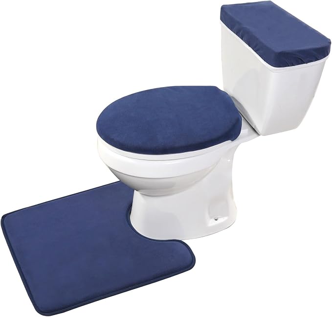 Madeals Memory Foam Toilet Mat and Velvet Toilet lid Cover Set with Toilet Tank Cover Velvet 3 Piece Toilet Set Navy Blue