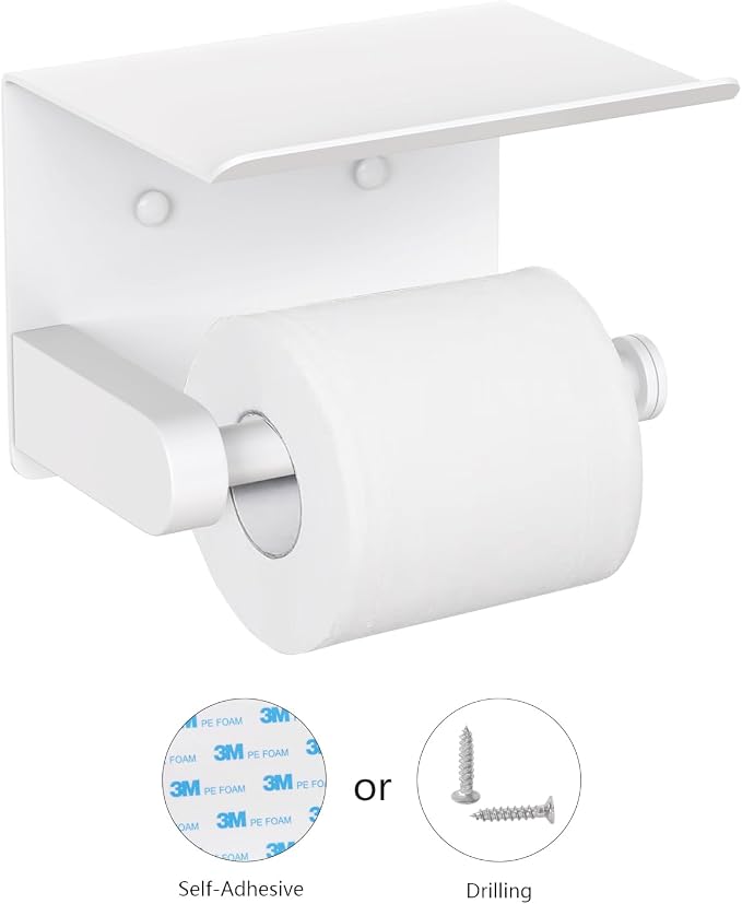 VAEHOLD Self Adhesive Toilet Paper Holder with Phone Shelf Stainless Steel Wall Mounted Toilet Paper Roll Holder - Bathroom Washroom Tissue Roll Holder with Storage Shelf - White