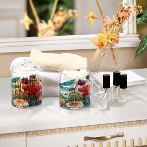 2 Pack Qtip Holder Dispenser with Lids, Dragonfly Flowers Floral Plastic Storage Containers,Bathroom Canisters Organizer for Cotton Ball, Cottons Swab, Cotton Round Pads, Floss 21214450