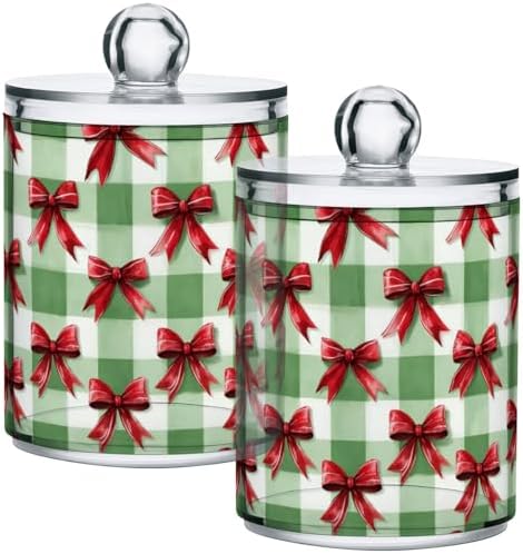 Gredecor 4 Pack Qtip Holder Clear Green Plaid with A Red Bow Apothecary Jars with Lids Acrylic Bathroom Jars Vanity Countertop Canister Storage Organizer for Cotton Ball,Swabs,Pads,Floss