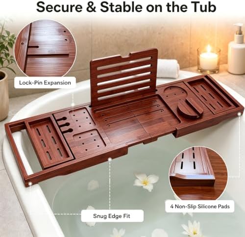 Bamboo Bathtub Tray, Expandable Foldable Bath Caddy, Walnut