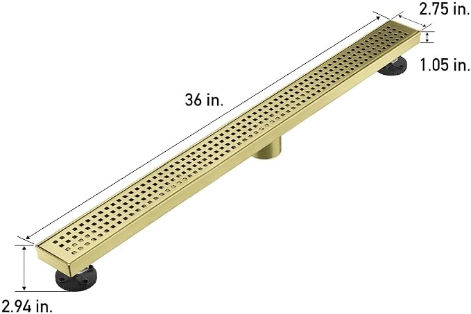 AVSIILE Linear Shower Floor Drain, Brushed Gold 36 Inch 304 Stainless Steel Bathroom Drains Kit, Long Rectangular Shower Trench Drain with Square Pattern Drain Cover & Hair Catcher