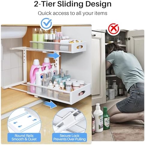 Under Sink Organizer, 2 Tier Pull Out Under Cabinet Organizer Shelf with Pad for Framed Cabinets, Metal Slide Out Under Sink Storage, Mesh Sliding Drawers for Kitchen Bathroom Laundry(White, 1 Pack)