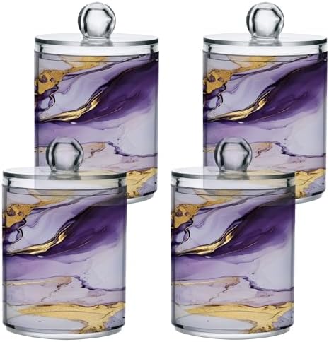 MNSRUU 2 Pack Qtip Holder Organizer Dispenser Purple Transparent Waves Marble Bathroom Storage Canister Cotton Ball Holder Bathroom Containers for Cotton Swabs/Pads/Floss