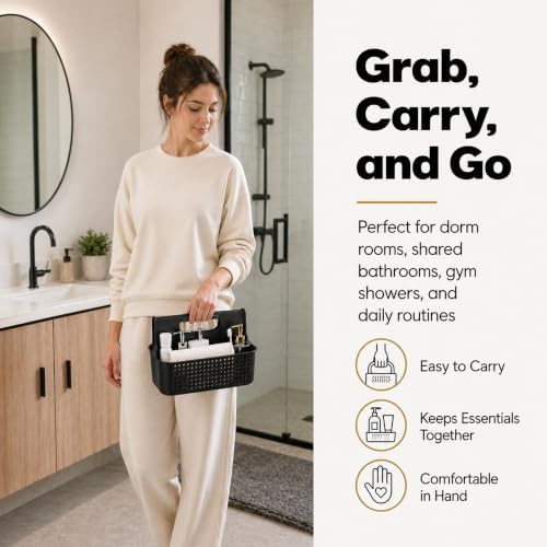 Haundry Portable Shower Caddy Basket, 2 Compartments Plastic Cleaning Caddy Organizer, Large Storage Tote with Handle for Bathroom, College, Dorm Room Essentials, Black