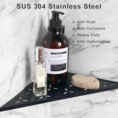 10" Corner Shower Shelf, No Drill 304 Stainless Steel Recessed Shower Shelves Grout in Corner Tile Bathroom Shelves for Tiled Wall, Home Decor (Black 2pcs)