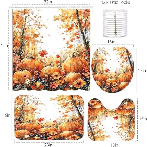 NBVKO Fall Thanksgiving Day Shower Curtain Sets，Autumn Pumpkin Bathroom Shower Curtain with Non-Slip Rug Toilet Lid Cover Bath Mat 12 Hooks，Maple Forest Bathroom Decor Set