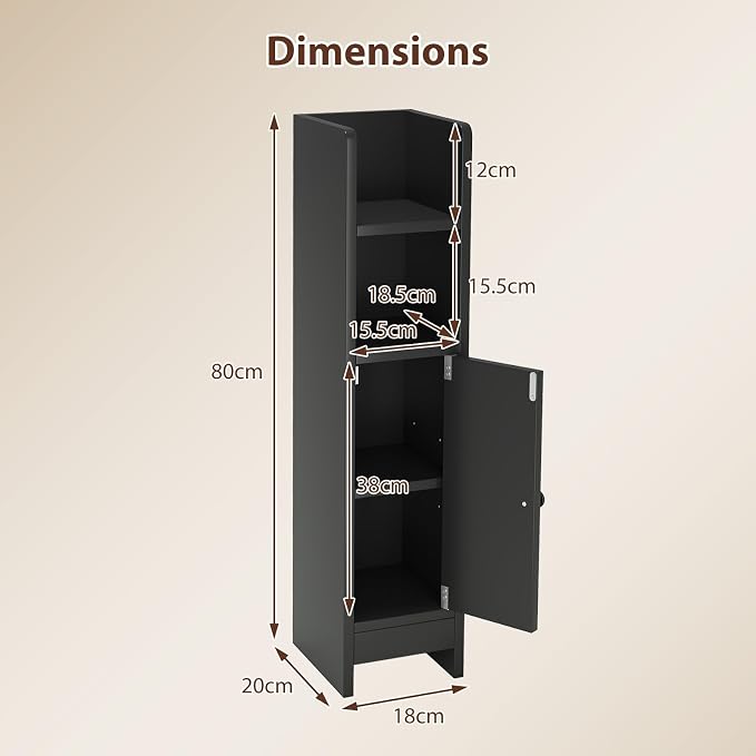 GIANTEX Bathroom Cabinet, Narrow Side Cabinet with Adjustable Shelf, Bathroom Cabinet, Space Saving, Storage Cabinet for Laundry Room, Living Room & Kitchen, 20 x 18 x 80 cm (Black)