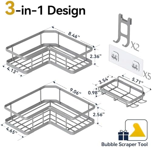 YASONIC Corner Shower Caddy Adhesive, 100% Rustproof Shower Organizer with Soap Holder, No Drill Shower Shelf for Inside Shower, Wall-Mounted Shower Storage for Homes (3 Pack, Grey)