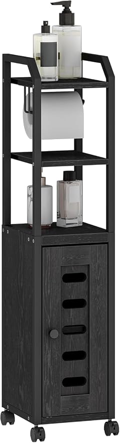 Hzuaneri Bathroom Storage Cabinet - Toilet Paper Storage Cabinet, Small Toilet Paper Holder with 4 Wheels, Bathroom Organizer with Adjustable Shelf, for Small Spaces, Black BC04604X