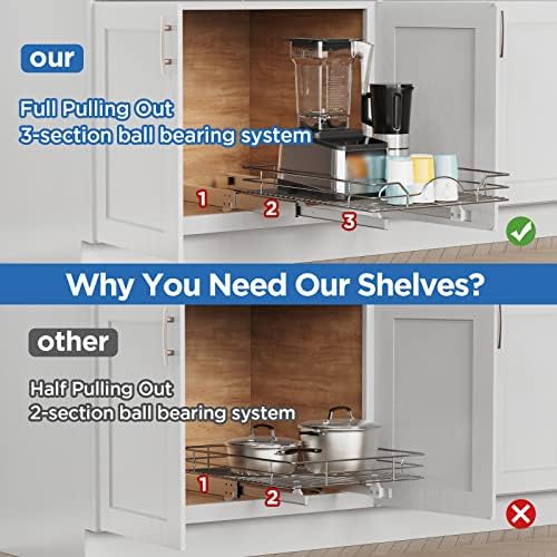ROOMTEC Pull Out Cabinet Organizer - 14" W x 18" D, Slide Out Storage Shelves, Fits 15.5" Opening