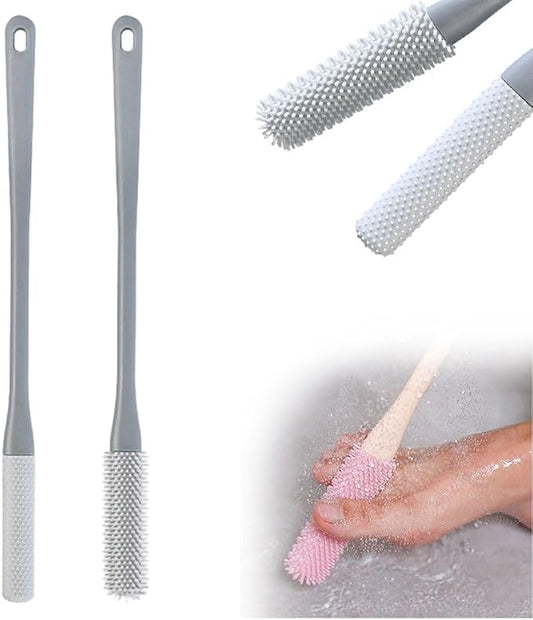 Long Handled Silicone Toe Crevice Cleaning Brush & Exfoliating Brush, 2025 New Soft Rubber Toe Cleaning Tool, Foot Scrubber Shower Feet Care for Seniors, Elderly, Men and Women (Grey)