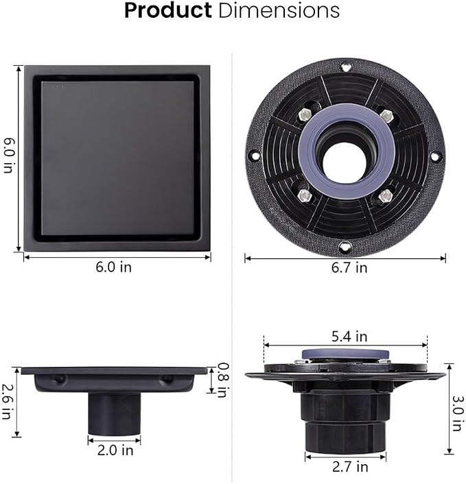 ELLO&ALLO 6 Inch Square Shower Drain Black Floor Drain with Flange Reversible 2-in-1 Cover Tile Insert Grate Removable SUS304 Stainless Steel Matte Black