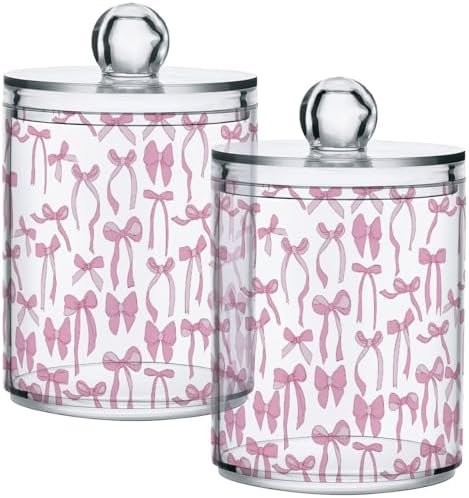 Gredecor 2 Pack Qtip Holder Clear Aesthetic Pink Ribbon Bow Apothecary Jars with Lids Acrylic Bathroom Jars Vanity Countertop Canister Storage Organizer for Cotton Ball,Swabs,Pads,Floss