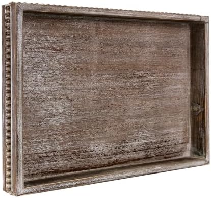 Wooden Decorative Tray, Rectangular Serving Tray with Wood Bead, Farmhouse Big Tray for Ottoman, Countertop, Coffee Tabl, 16.5" x 13"x 1.6" (Retro Brown)
