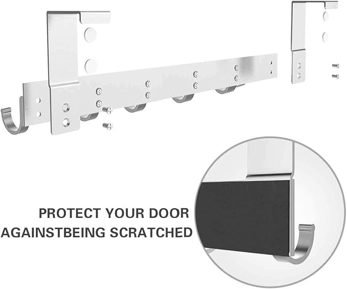 Door Hooks Hanger Rack, Aluminum Utility Organizer Holder for Kithchen Bathroom, 6 Hooks Over the Door Hanger Silver