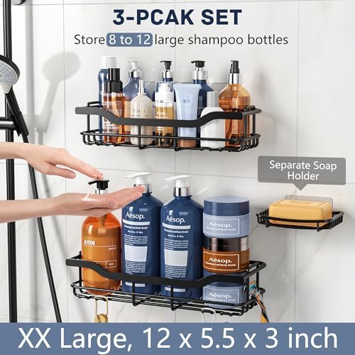 OMAIRA 3-Pack Shower Caddy with Soap Holder, Adhesive Rustproof No-drill Strudy Loading Inside Shower Organizer Shelves Rack Storage Bathroom Organization for Smooth Wall Glass Tile, Black (XX-Large)