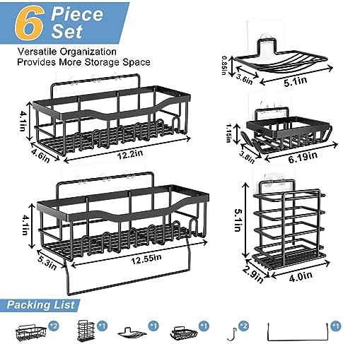 Shower Caddy 6 Pack Shelves - Self Adhesive Bathroom Organizer, Drill-Free & Quick-Dry, Rustproof Stainless Steel Shower Shelf