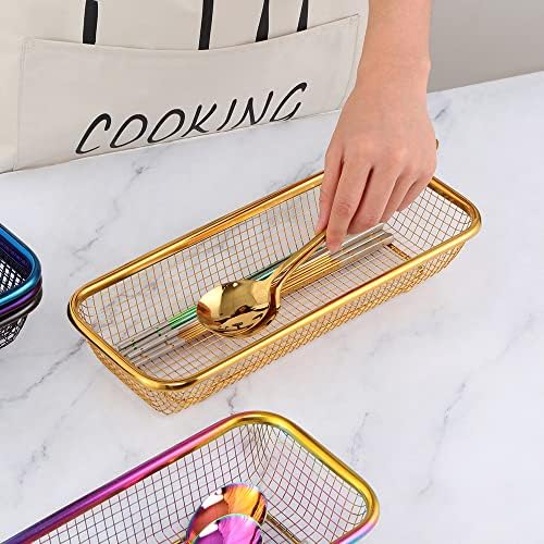 Kitchen Drawer Organizer, Stainless Steel Storage Container Metal Cabinet Storage Basket for Holding Silverware Kitchen Utensil, Pack of 2, Purple